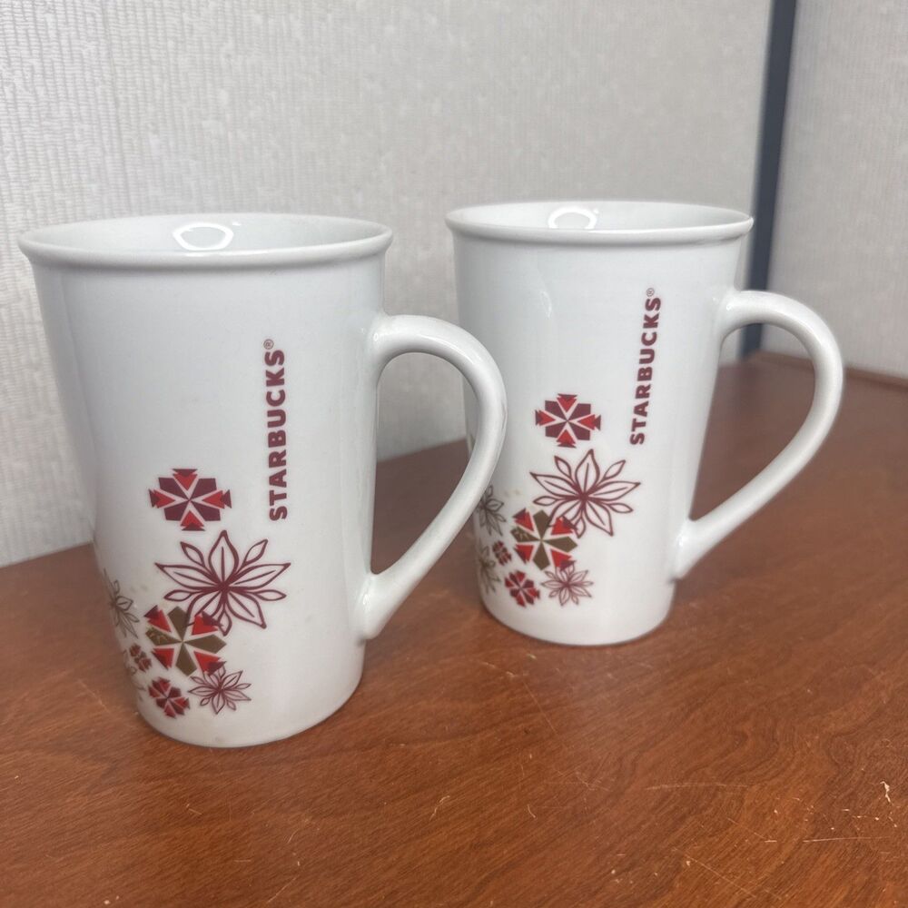 Starbucks 12 oz Coffee Mugs Set of 2 Christmas Poinsettia Floral Holiday 2013